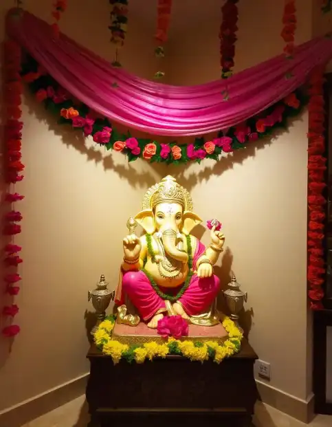 Elegant floral Ganpati decoration with pink drapes and flower garlands for Ganesh Chaturthi | Elegant Floral Ganpati Decoration with Draped Backdrop | Ganesh Chaturthi Festival Decorations | Decorations Guru